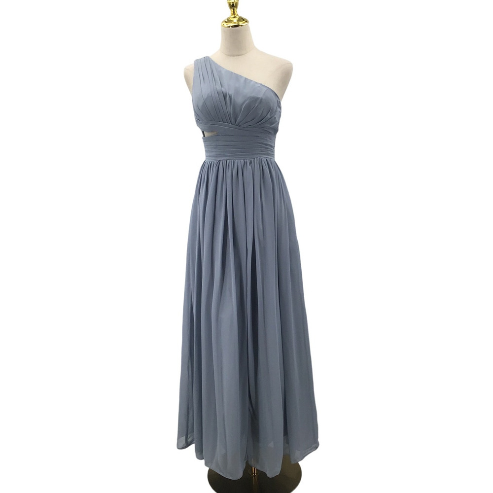 BRIDESMAID SZ 4 S Blue One-Shoulder Pleated Cutout Formal Maxi Dress NEW B26